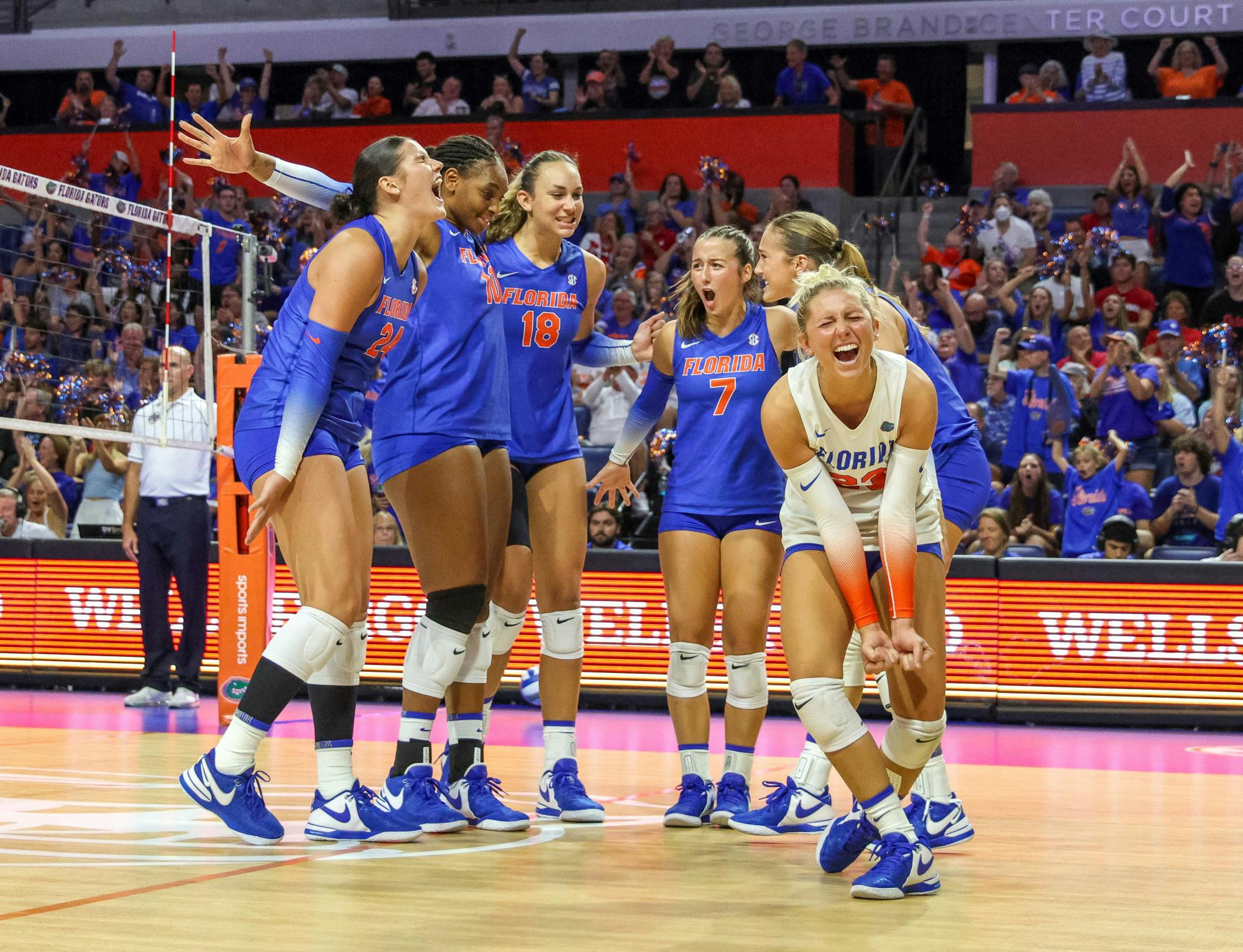 The Florida volleyball team celebrates a point during their match against the #1 ranked Wisconsin Badgers on Sunday, Sept. 17, 2023.