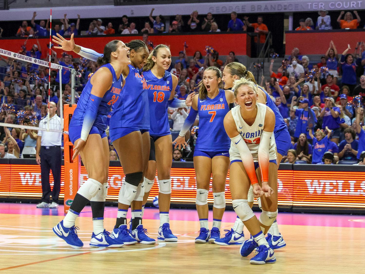 The Florida volleyball team celebrates a point during their match against the #1 ranked Wisconsin Badgers on Sunday, Sept. 17, 2023.
