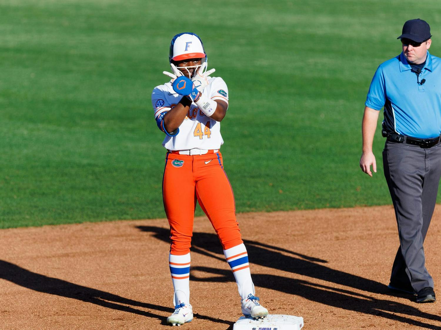 Florida Gators outfielder Townsen Thomas celebrates a double during an NCAA softball game against Marshall, Friday, Feb. 13, 2026, in Gainesville, Fla.