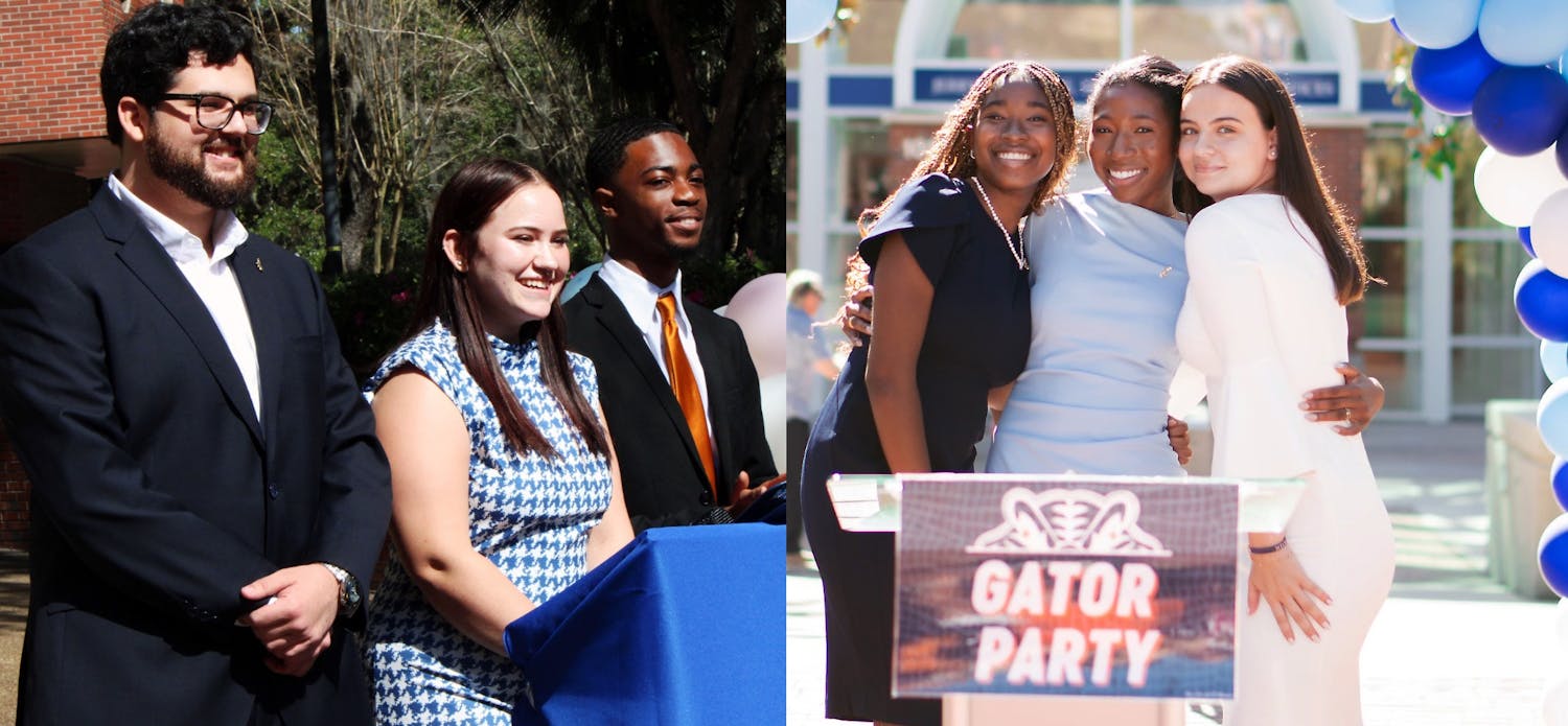 In the left image, Jonner Delgado (left), Faith Corbett (center) and Kacie Ross (right) are announced as the Spring 2023 executive ticket for UF Student Government&#x27;s Change Party Tuesday, Feb. 7, 2023. In the right image, Nyla Pierre (left), Olivia Green (center) and Clara Calavia (right) are announced as the Spring 2023 executive ticket for UF Student Government&#x27;s Gator Party. 