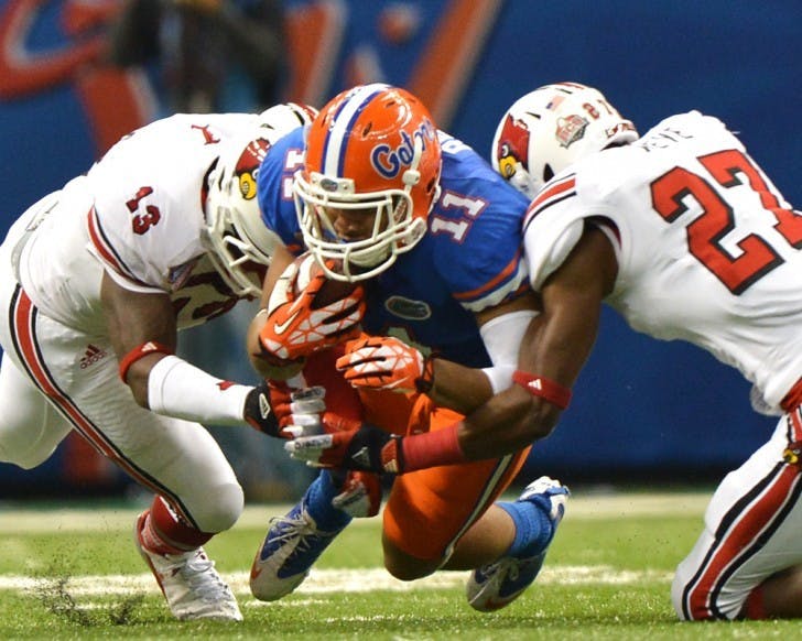 Junior tight end Jordan Reed dives for a few extra yards during the Allstate Sugar Bowl in New Orleans. Florida has five scholarship tight ends who will look to replace Reed this season.&nbsp;