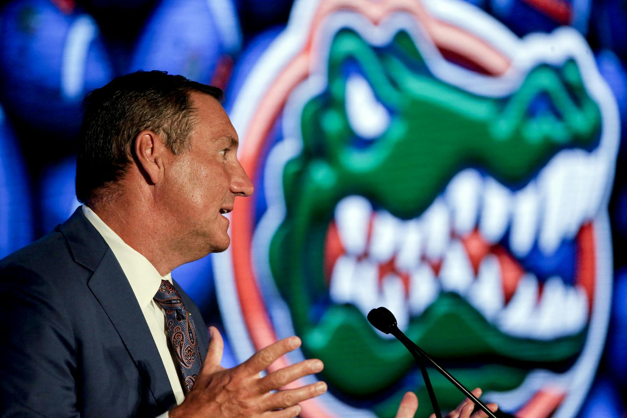 Florida head coach Dan Mullen speaks to reporters during the NCAA college football Southeastern Conference Media Days Monday, July 19, 2021, in Hoover, Ala. (AP Photo/Butch Dill)