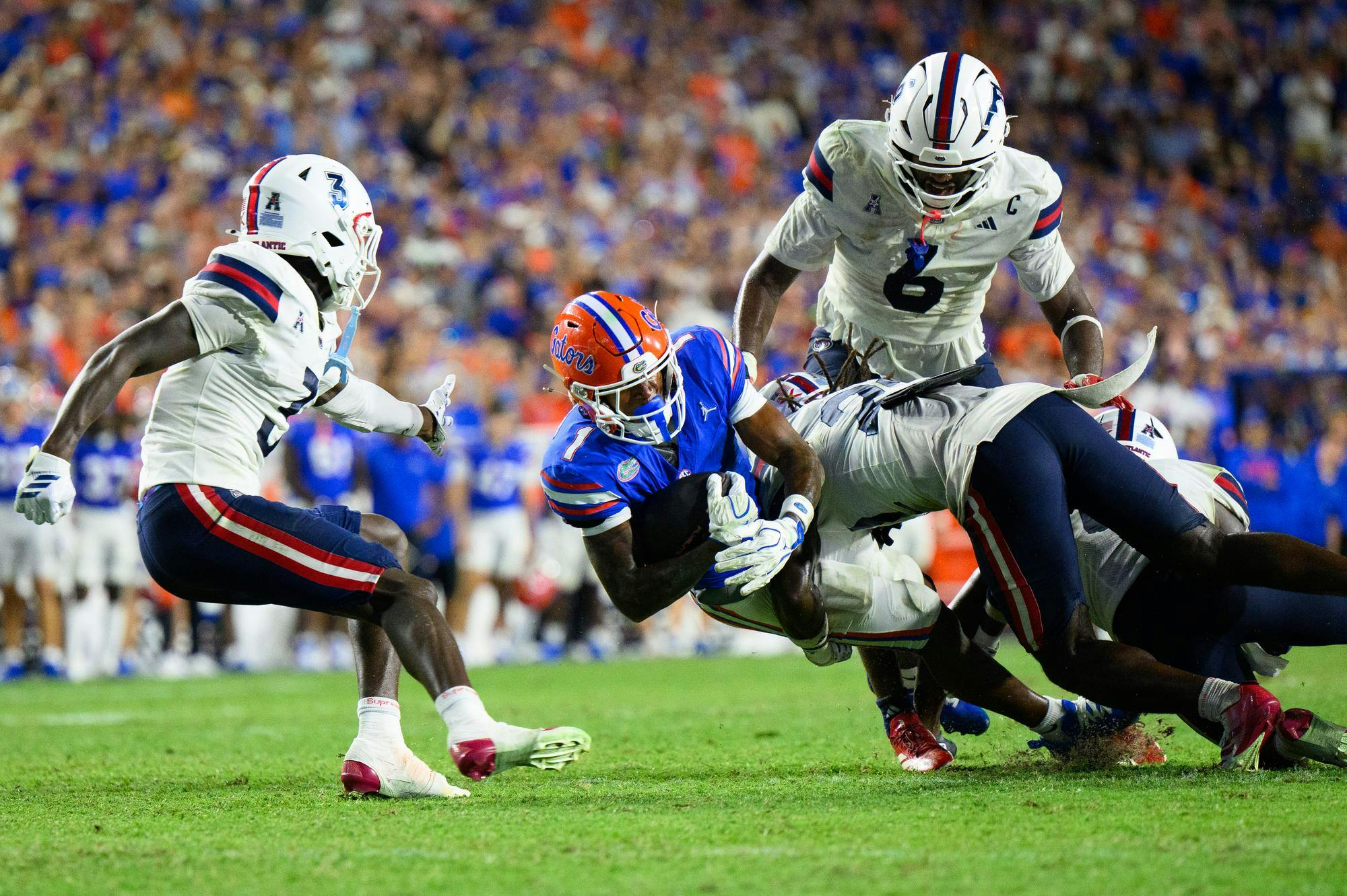 Florida wide receiver Vernell Brown III (1) rushes during the second half of an NCAA college football game against FAU, Saturday, Sept. 5, 2026, in Gainesville, Fla.