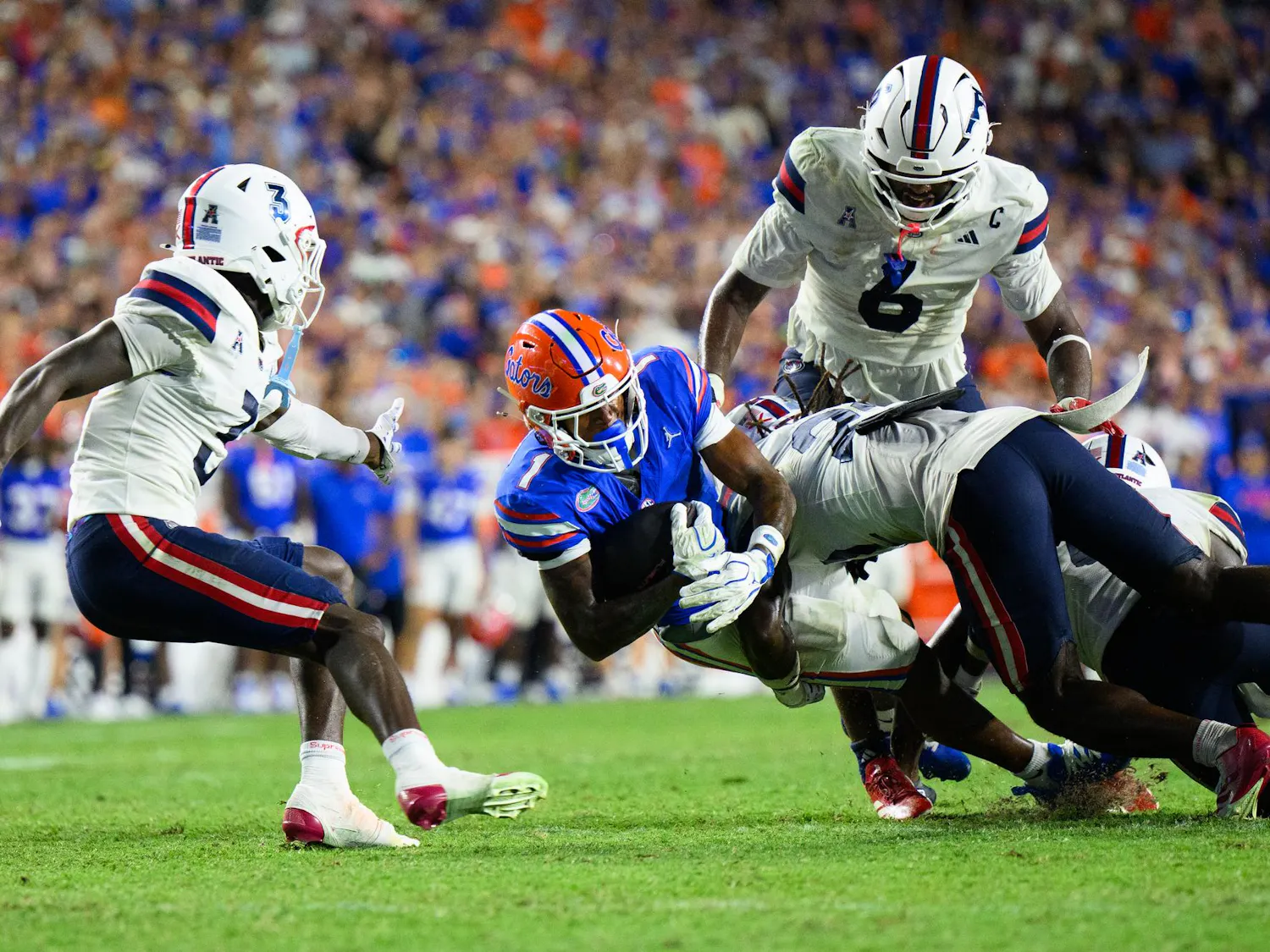 Florida wide receiver Vernell Brown III (1) rushes during the second half of an NCAA college football game against FAU, Saturday, Sept. 5, 2026, in Gainesville, Fla.
