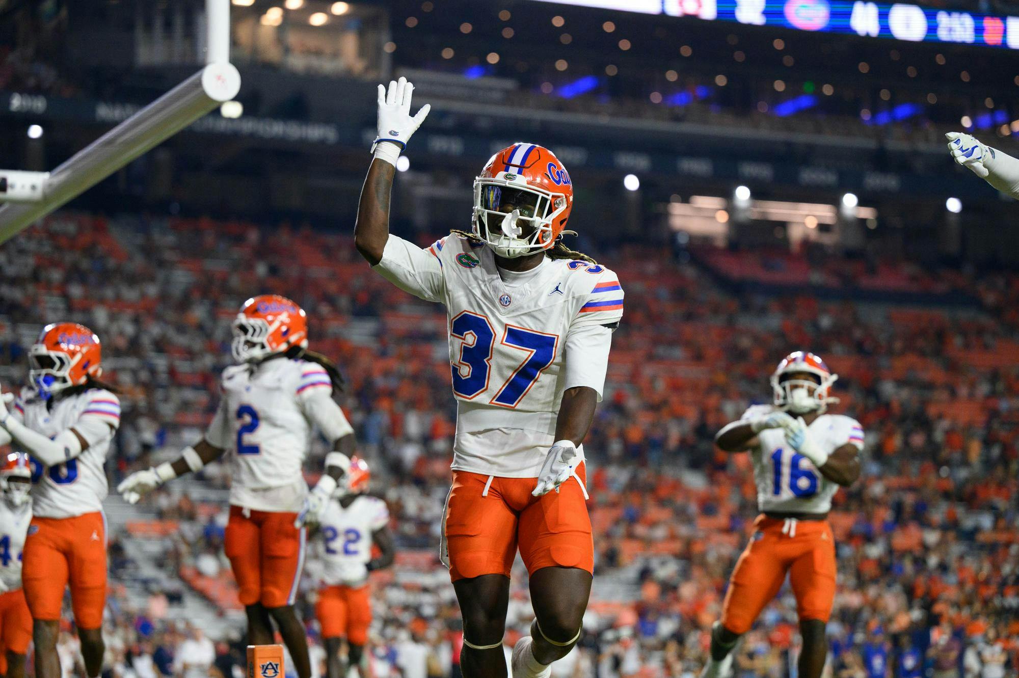 Florida cornerback Javion Toombs (37) does the Gator Chomp during the second half of an NCAA college football game against Auburn, Saturday, Sept. 19, 2026, in Auburn, Ala.