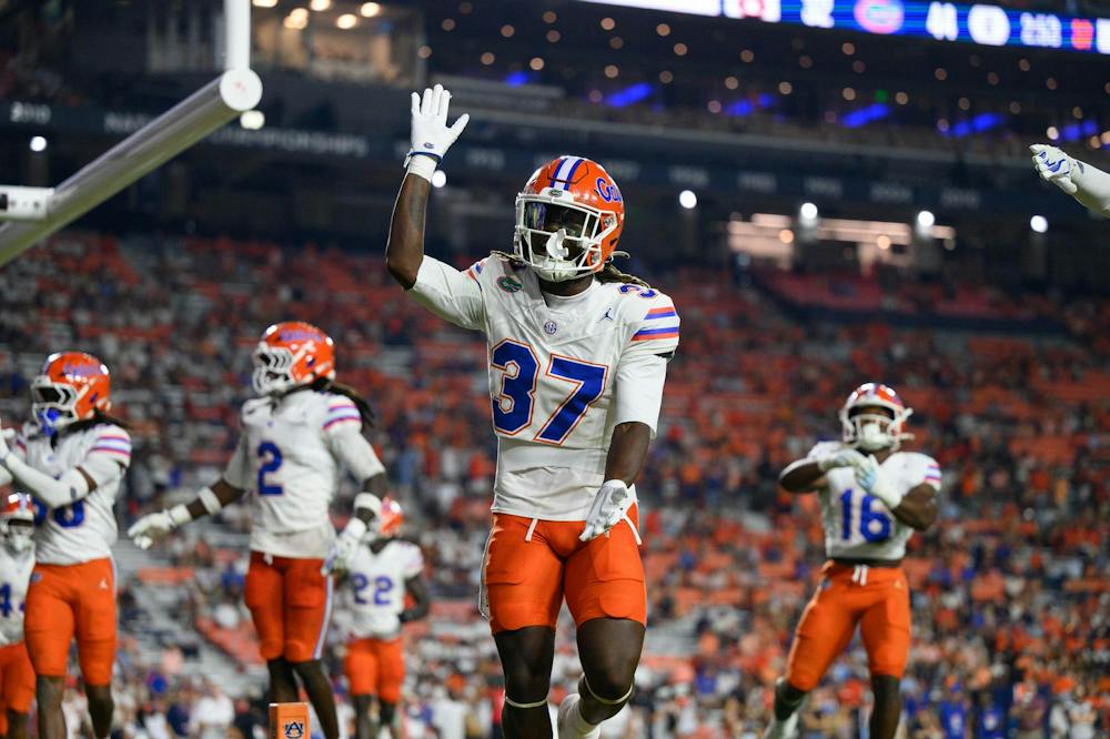 Florida cornerback Javion Toombs (37) does the Gator Chomp during the second half of an NCAA college football game against Auburn, Saturday, Sept. 19, 2026, in Auburn, Ala.