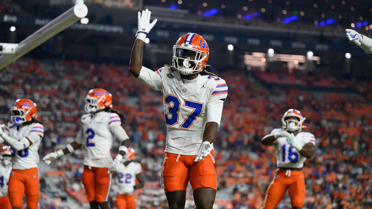 Florida cornerback Javion Toombs (37) does the Gator Chomp during the second half of an NCAA college football game against Auburn, Saturday, Sept. 19, 2026, in Auburn, Ala.