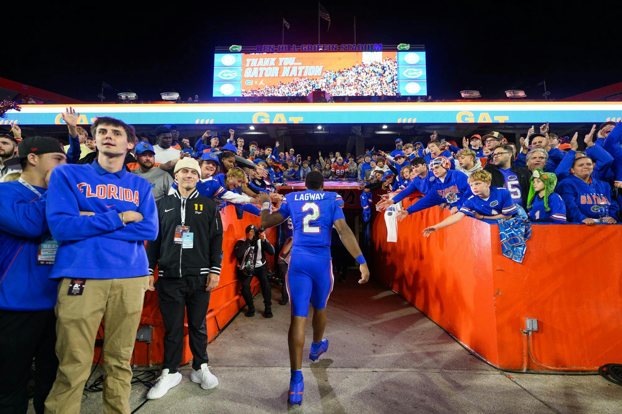 Florida quarterback DJ Lagway (2) walks of the field after an NCAA college football game against Florida State, Saturday, Nov. 29, 2025, at Ben Hill Griffin Stadium in Gainesville, Fla.