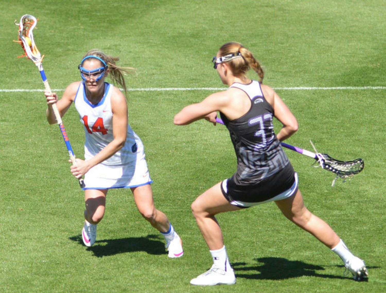 Nora Barry drives the ball toward the net during Florida’s 18-7 win against High Point on Feb. 15 at Donald R. Dizney Stadium. Barry scored the game-winning goal against Northwestern on Sunday to help the Gators clinch the American Lacrosse Conference Tournament title.