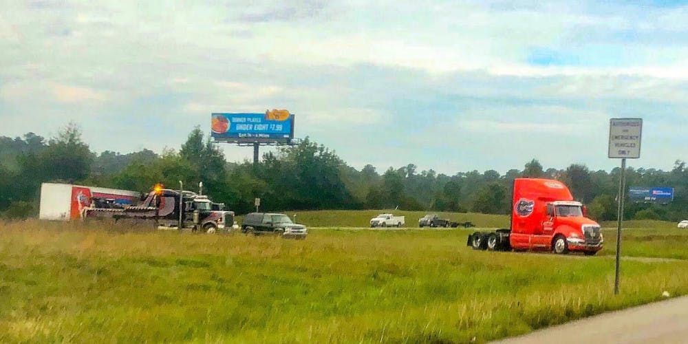 A UF equipment truck caught fire after a flat tire sent up sparks Sunday morning while heading back to Gainesville after the Mississippi State University game.