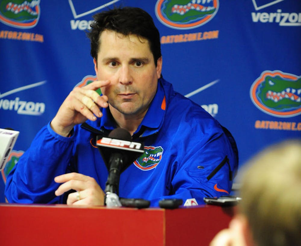 <p>Will Muschamp speaks at a press conference following Florida’s 19-14 loss to South Carolina on Saturday at Williams-Brice Stadium in Columbia, S.C. Muschamp said he injured his hand punching a chalkboard.</p>