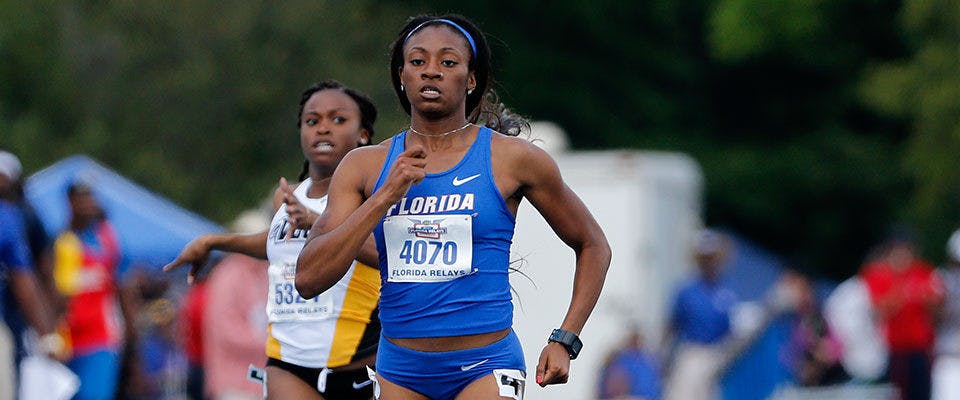 Kyra Jefferson sprints during the 2015 Pepsi Florida Relays at Percy Beard Track.