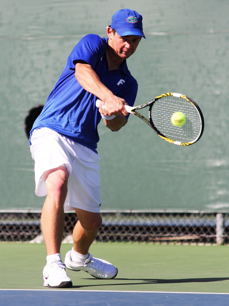 Senior Billy Federhofer returns a volley during Florida’s 5-2 win against Miami on Jan. 19 at Linder Stadium. Federhofer hasn't lost a match since Feb. 9.