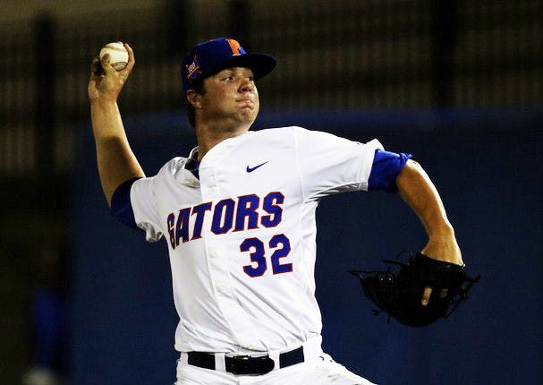 Logan Shore pitches during Florida's 3-2 loss to the College of Charleston on May 30 at McKethan Stadium.