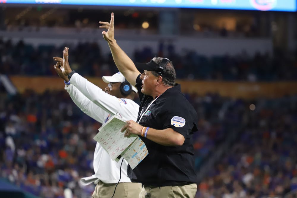 <p>Defensive coordinator Todd Grantham on the sideline during the Orange Bowl last year. During Monday's presser, Grantham shared his two-pronged defensive philosophy.</p>