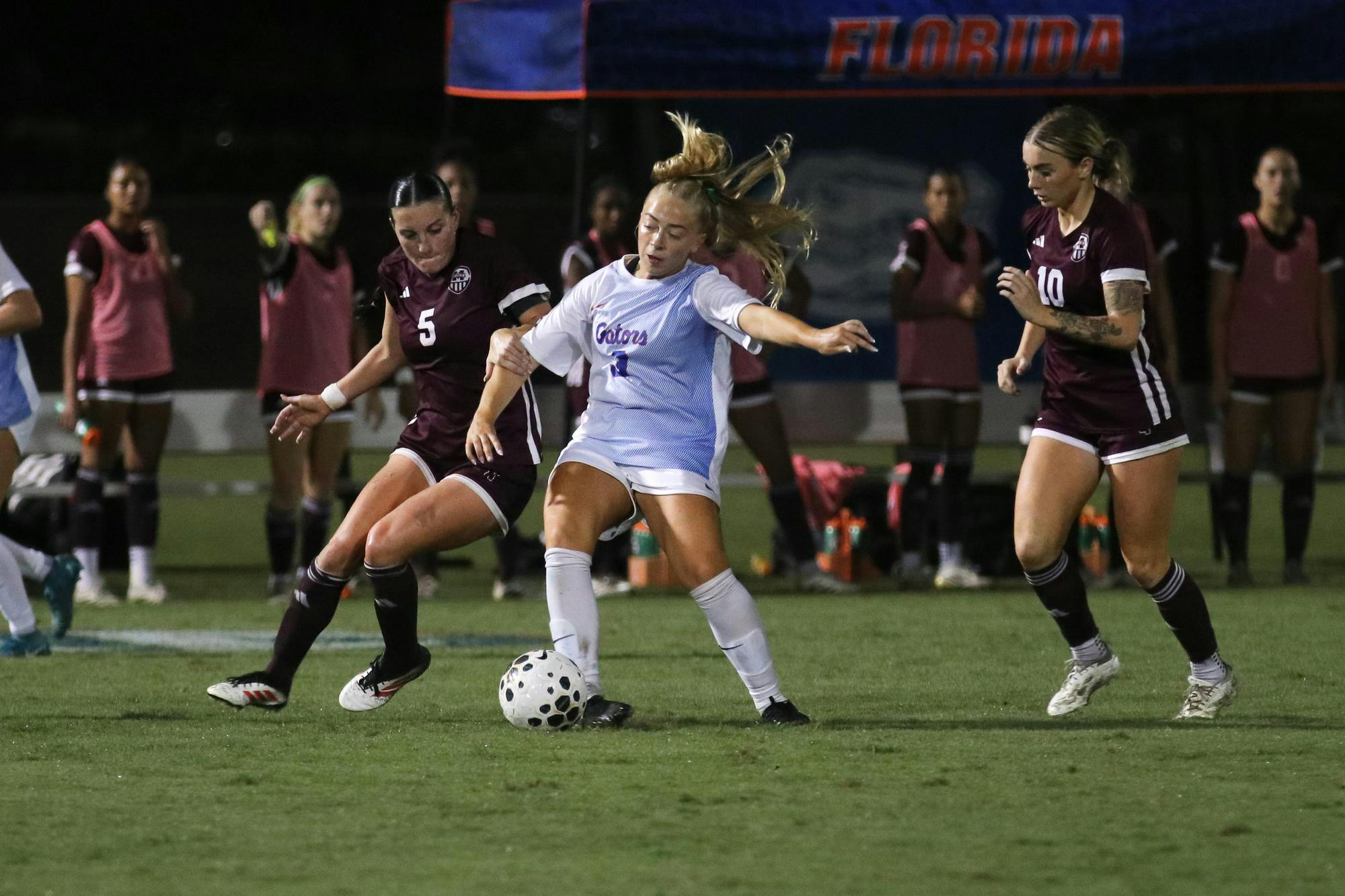 Florida Gators forward Addy Hess (9) kicks the ball in a match against the Missouri Tigers on Oct. 11, 2025, at Donald R. Dizney Stadium in Gainesville, Fla.