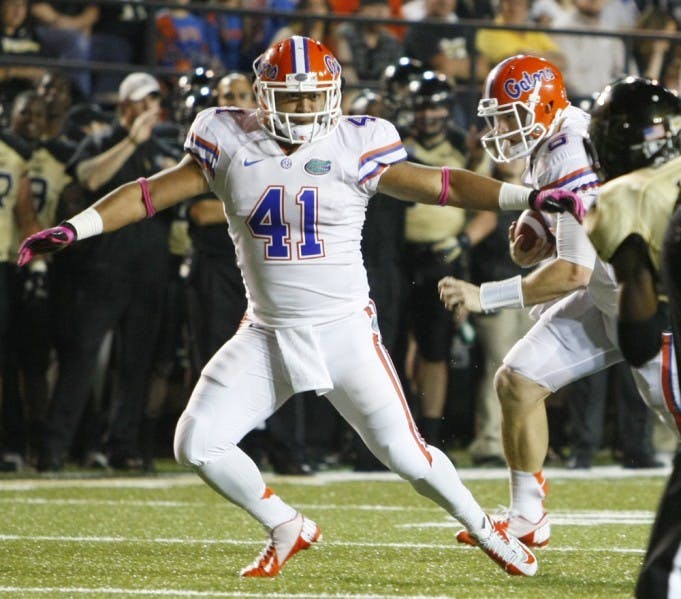 Sophomore fullback Hunter Joyer (41) blocks for quarterback Jeff Driskel (6) during Florida’s 31-17 victory against Vanderbilt on Saturday at Vanderbilt Stadium in Nashville, Tenn. Joyer has been the unsung hero in a much improved UF rushing attack.