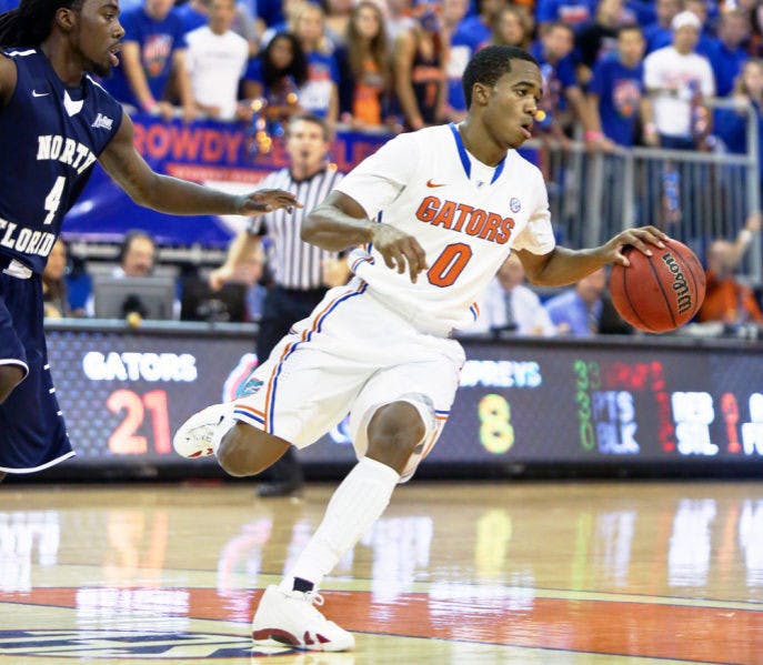 Kasey Hill dribbles the ball during Florida’s 77-69 victory against North Florida on Nov. 8 in the O’Connell Center.