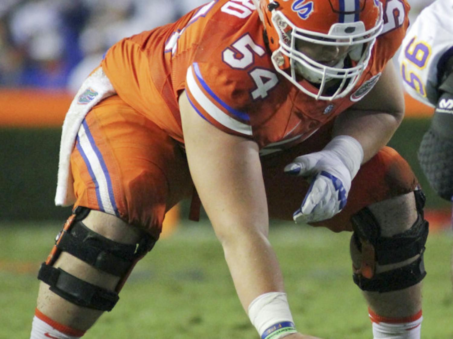 UF offensive lineman Cam Dillard prepares to snap the football during Florida's 31-24 win against East Carolina on Sept. 12, 2015, at Ben Hill Griffin Stadium.
