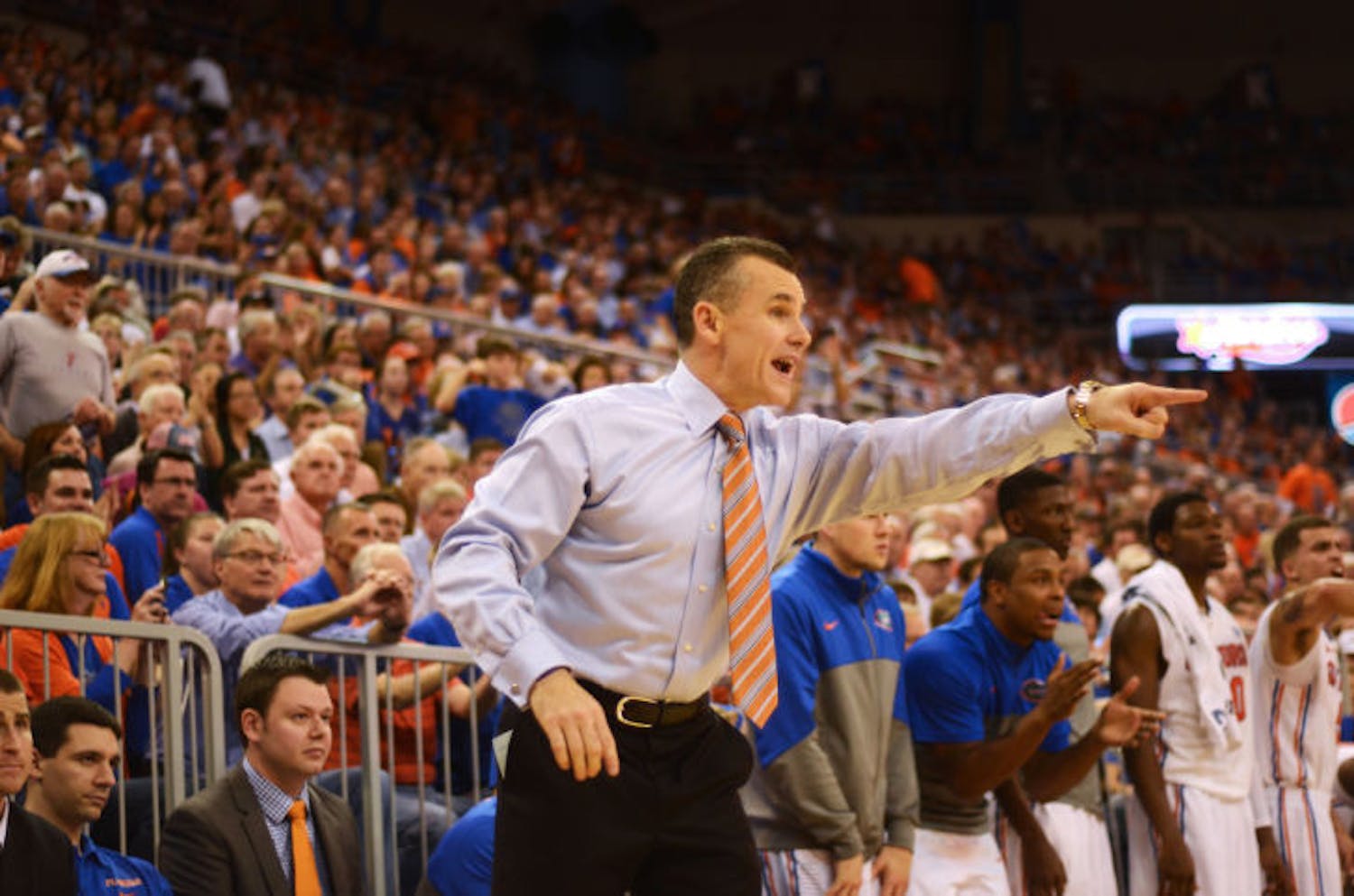 UF coach Billy Donovan calls a play during No. 19 Florida's 67-61 win against No. 13 Kansas on Tuesday night in the O'Connell Center.