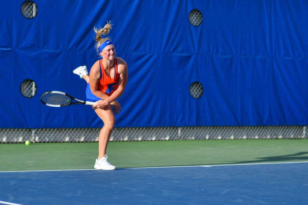 <p>Junior Sydney Berlin partnered with freshman Amber McGinnis to secure a dominant 6-2 victory in the opening match on Thursday</p>