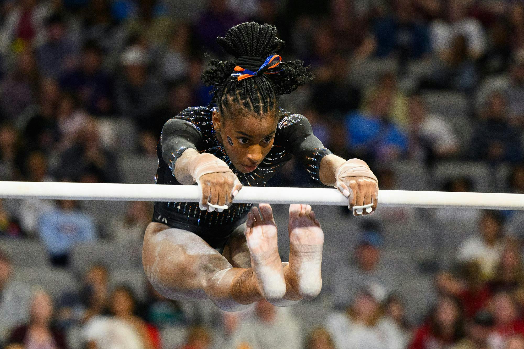 Florida gymnast Anya Pilgrim performs on the bars during the NCAA gymnastics National Championship against Oklahoma, LSU and Minnesota, Saturday, April 18, 2026, in Fort Worth, Texas.