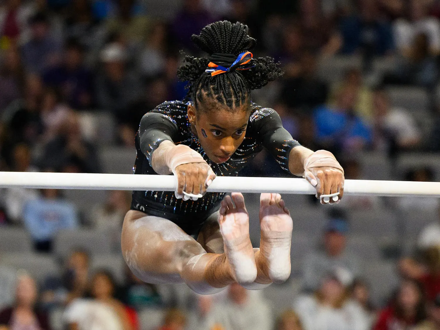 Florida gymnast Anya Pilgrim performs on the bars during the NCAA gymnastics National Championship against Oklahoma, LSU and Minnesota, Saturday, April 18, 2026, in Fort Worth, Texas.