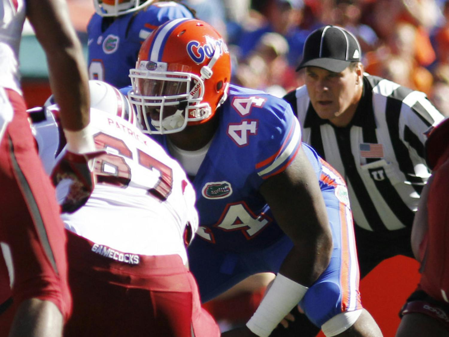Leon Orr gets into his stance during UF’s 44-11 win against South Carolina on Oct. 20, 2012, in The Swamp.