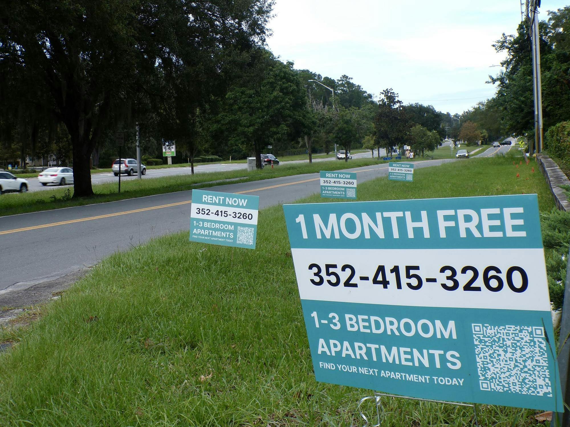 Rent signs for Silver Creek Apartments along Old Archer Road, Monday, Sept. 7, 2026, in Gainesville, Fla. 