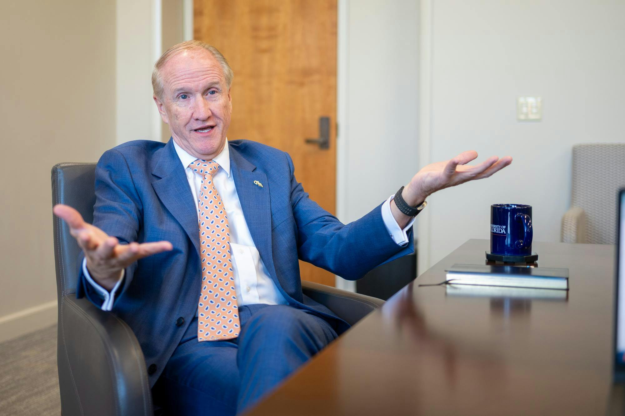 UF President Dr. Stuart Bell speaks during an interview in the Presidential Conference Room at Tigert Hall, Thursday, Aug. 14, 2026, in Gainesville, Fla.