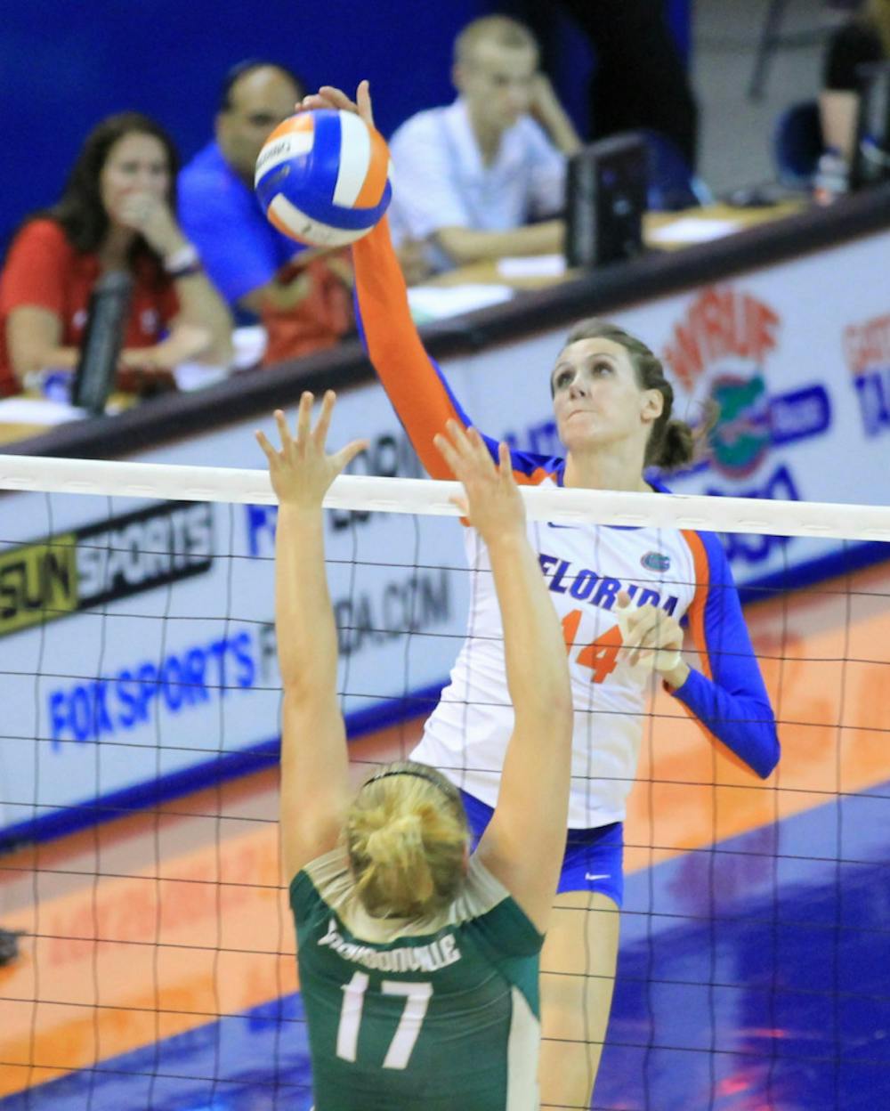 <p>Middle blocker Betsy Smith (14) attempts an attack against Jacksonville in Florida’s 3-0 victory on Sept. 7 in the O’Connell Center. Smith is the last player from the top-ranked 2008 recruiting class still suiting up for the Gators.</p>