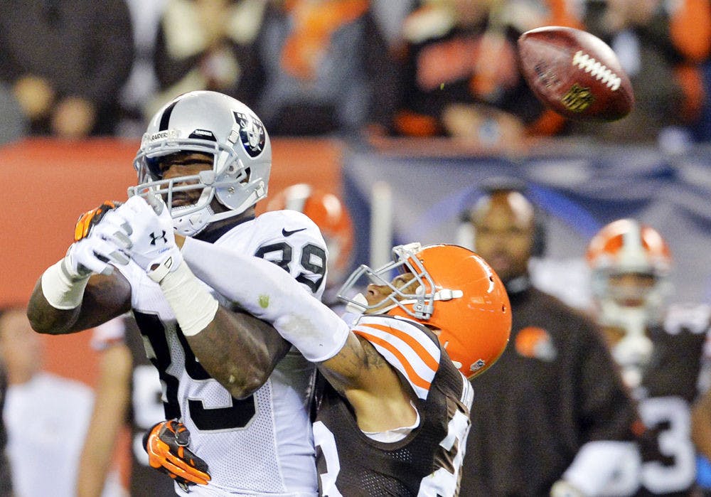 <p>Cleveland Browns cornerback Joe Haden, right, breaks up a pass for Oakland Raiders wide receiver James Jones (89) in the fourth quarter of an NFL football game Sunday, Oct. 26, 2014, in Cleveland.</p>