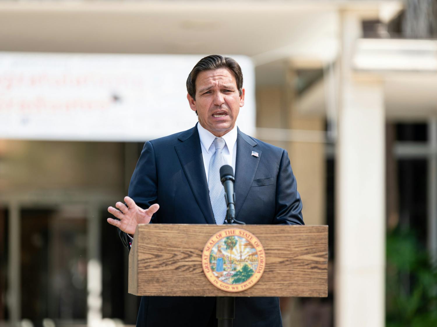 Governor Ron DeSantis addresses campus protests at the Plaza of the Americas on Wednesday, May 8, 2024 amid chants for UF to divest funds to weapons manufacturers involved in the Israeli-Palestinian conflict.