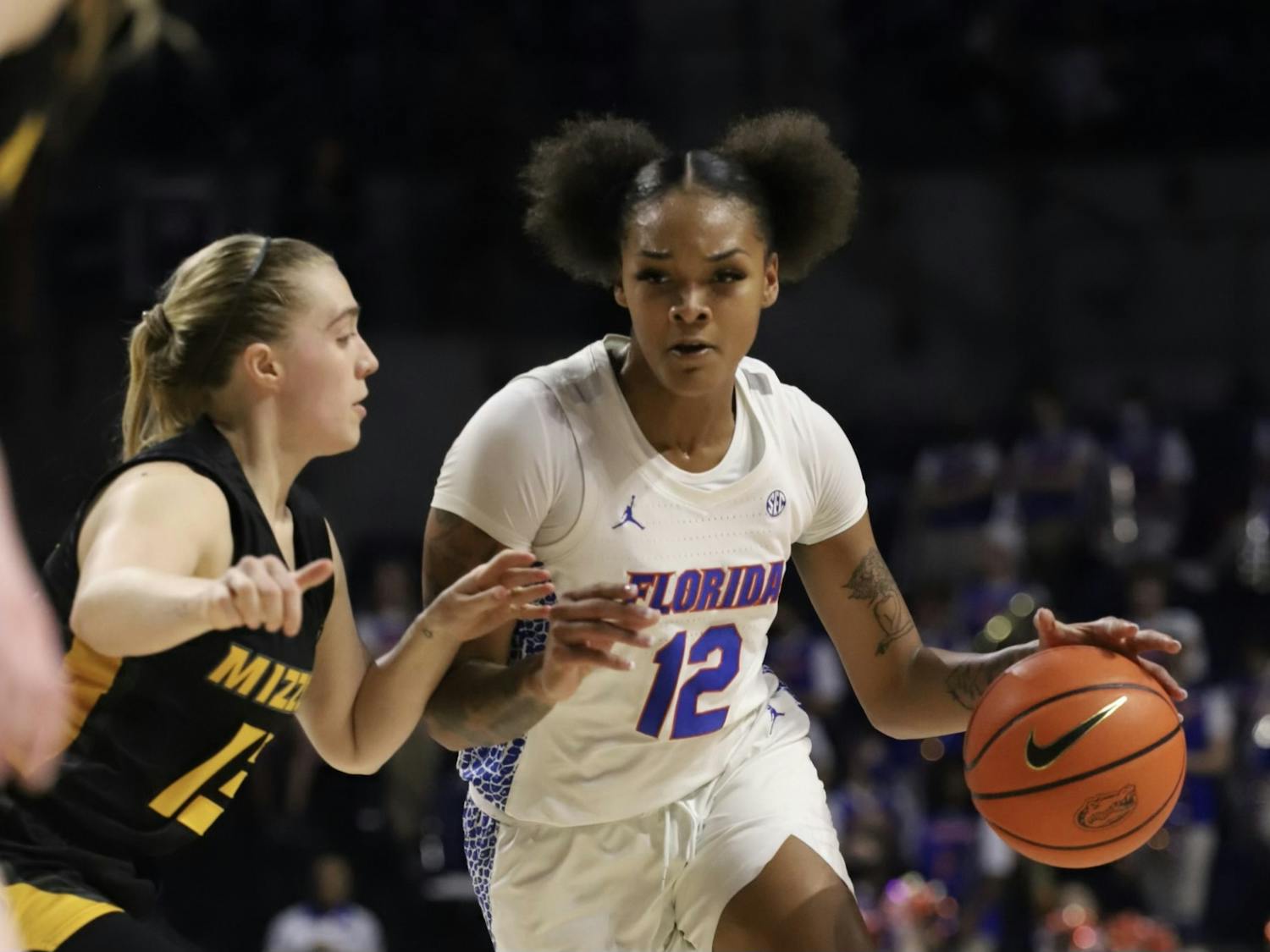 Florida guard Jordyn Merritt drives the ball against Missouri. The Gators fell to the Tigers Sunday, 78-73.