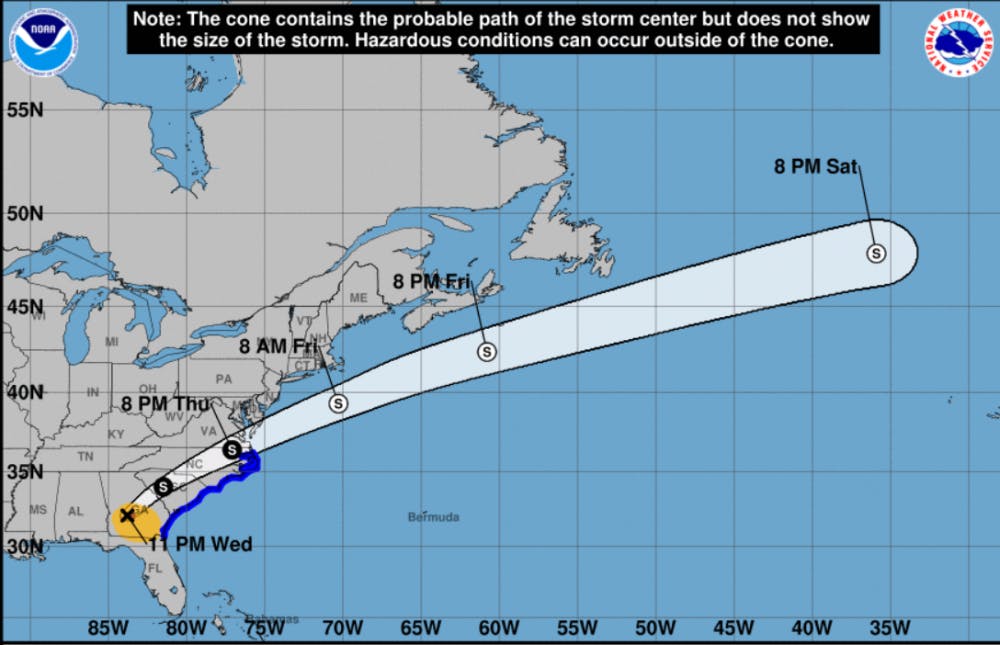 The storm's projected path as of 11 p.m. on Wednesday.