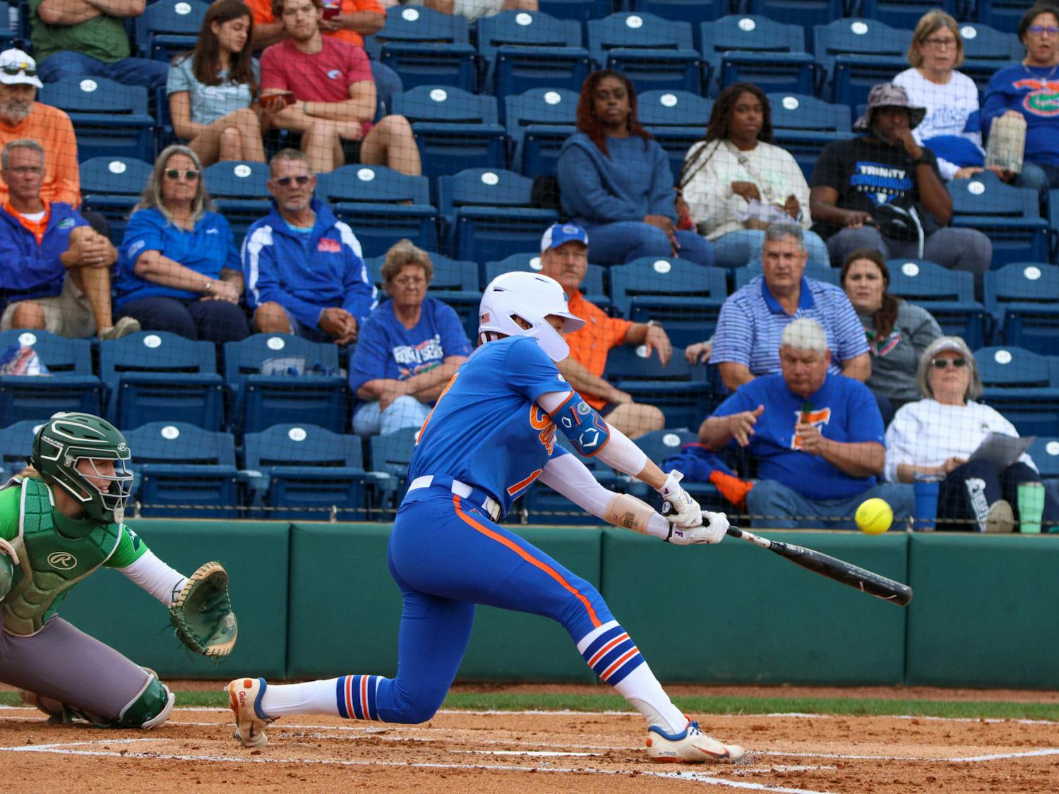 Florida shortstop Skylar Wallace swings her bat in the Gators' 8-0 mercy-rule victory over the Stetson Hatters Wednesday, March 29, 2023.