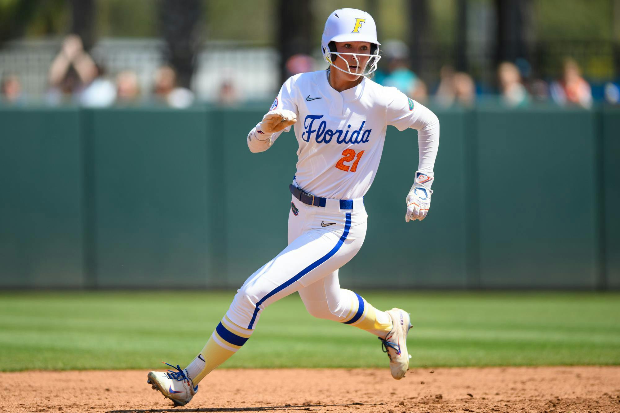 Florida outfielder Taylor Shumaker (21) runs during an NCAA softball game against Tennessee, Saturday, March 21, 2026, in Gainesville, Fla.