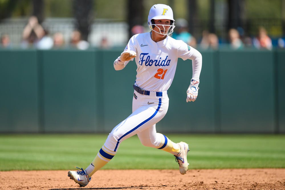 Florida outfielder Taylor Shumaker (21) runs during an NCAA softball game against Tennessee, Saturday, March 21, 2026, in Gainesville, Fla.