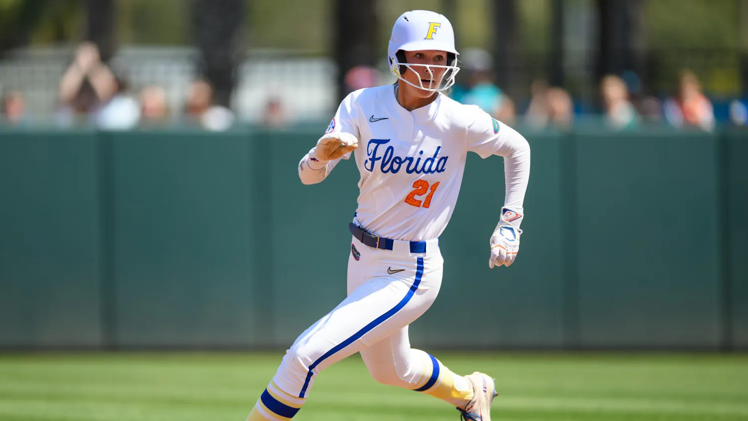 Florida outfielder Taylor Shumaker (21) runs during an NCAA softball game against Tennessee, Saturday, March 21, 2026, in Gainesville, Fla.