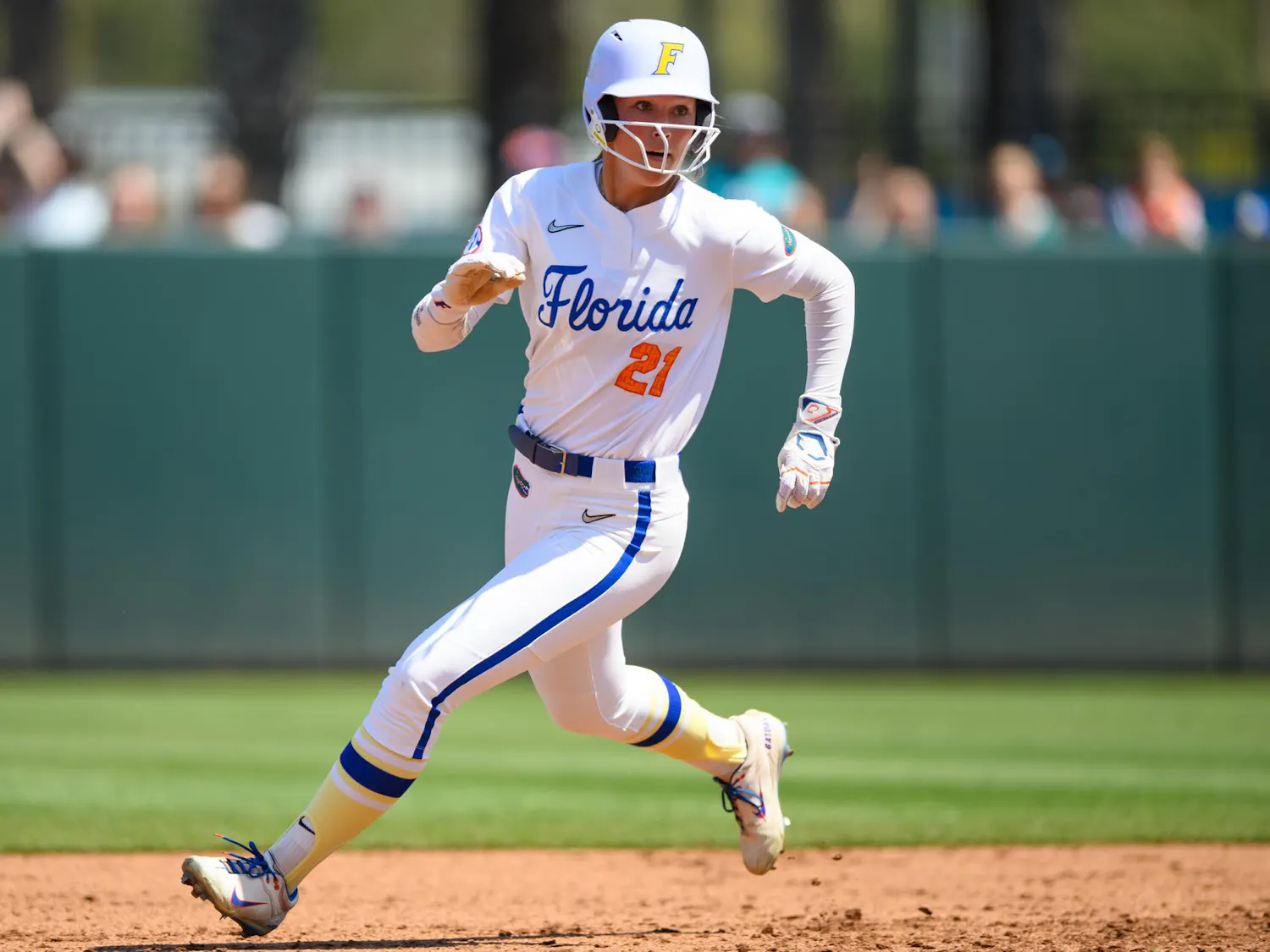 Florida outfielder Taylor Shumaker (21) runs during an NCAA softball game against Tennessee, Saturday, March 21, 2026, in Gainesville, Fla.