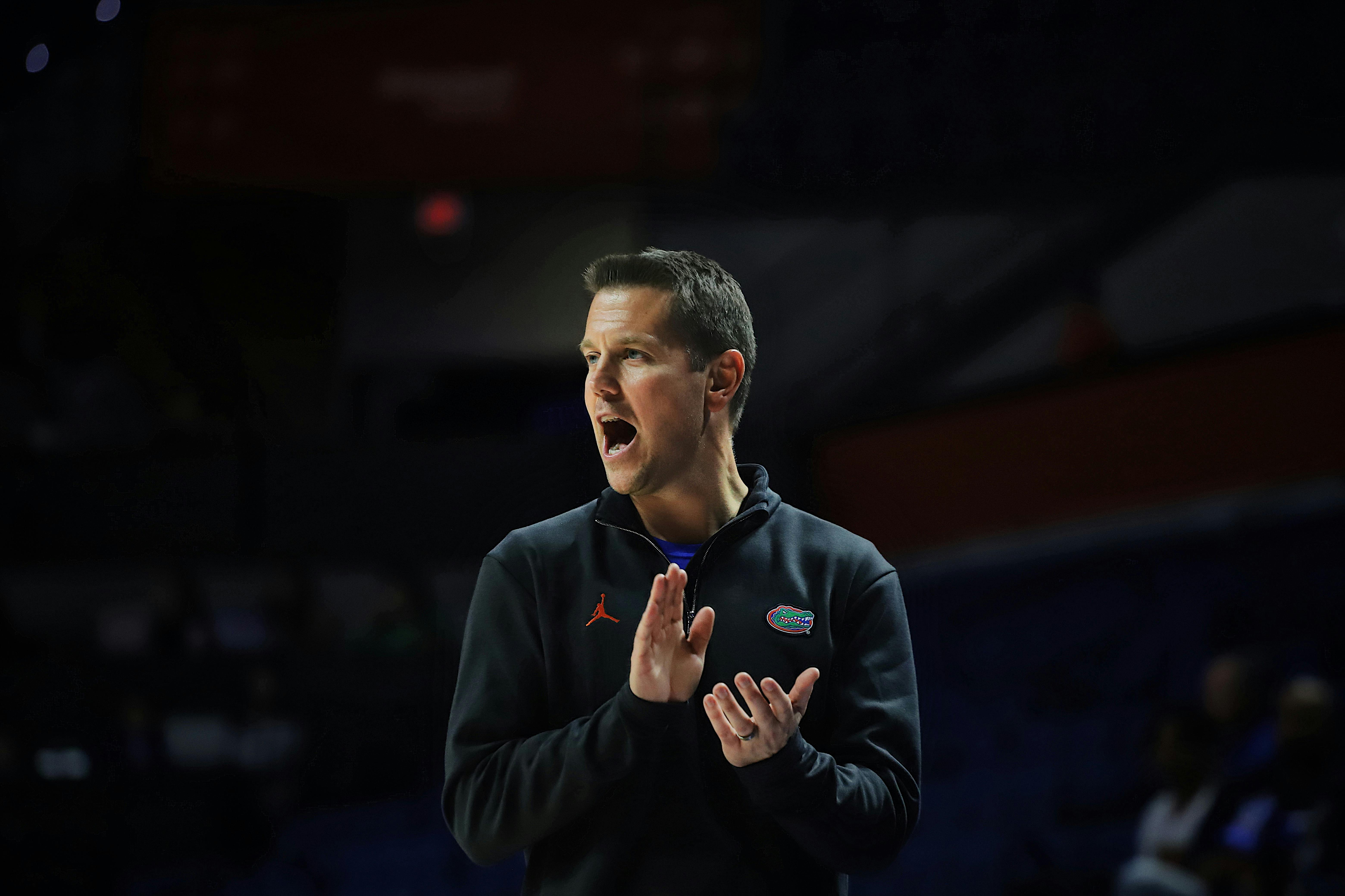 Coach Cam Newbauer on the sidelines of the Gators' game versus Presbyterian last year. With Kinslow's commitment, Newbauer has brought three transfers to Gainesville this offseason.