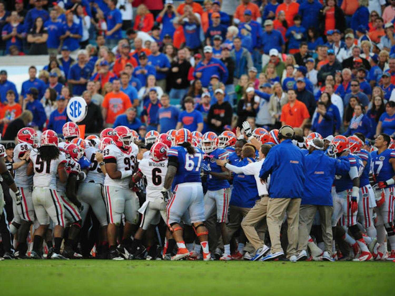 Florida and Georgia players scuffle in this Alligator file photo from 2014.