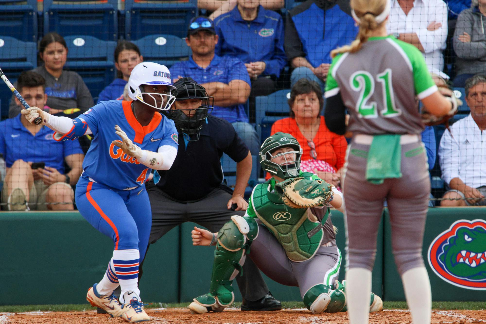 Florida third baseman Charla Echols swings her bat during the Gators' 8-0 win against the Stetson Hatters Wednesday, March 29, 2023.