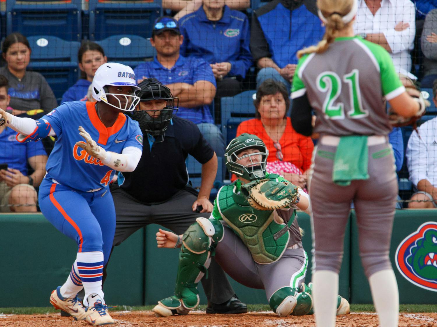 Florida third baseman Charla Echols swings her bat during the Gators' 8-0 win against the Stetson Hatters Wednesday, March 29, 2023.