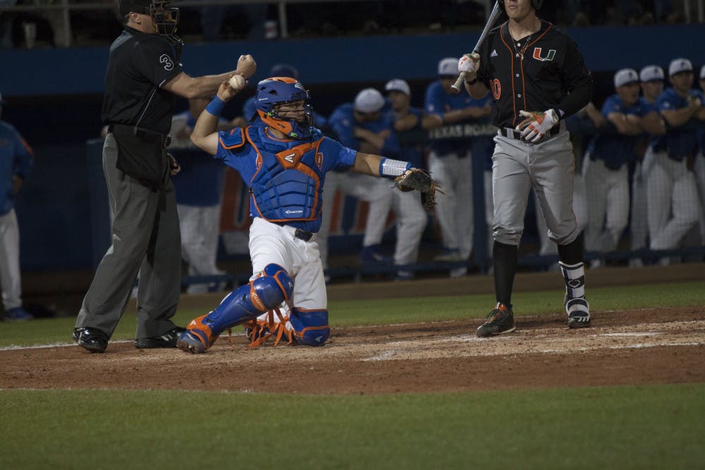 <p>UF catcher Mike Rivera throws a ball back to the pitcher’s mound during Florida’s 2-0 win against Miami on Feb. 25, 2017, at McKethan Stadium.</p>