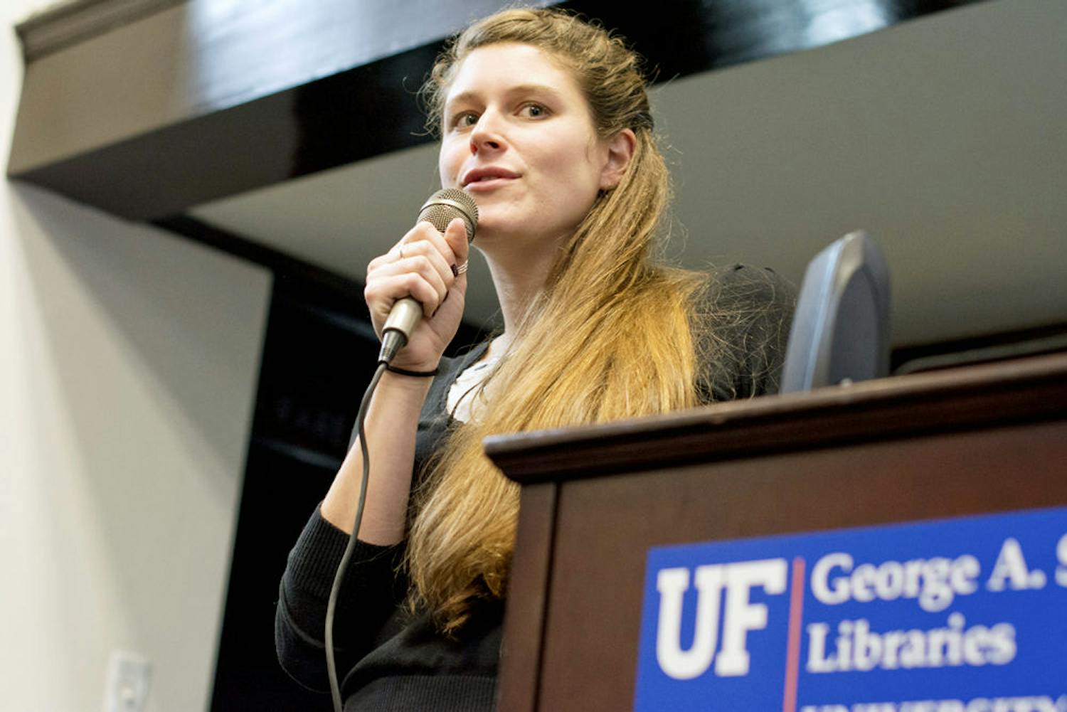 Filmmaker Jessica Oreck welcomes UF students to the screening and Q-and-A of "The Vanquishing of the Witch Baba Yaga" in the Isser and Rae Price Library of Judaica at UF on Tuesday.