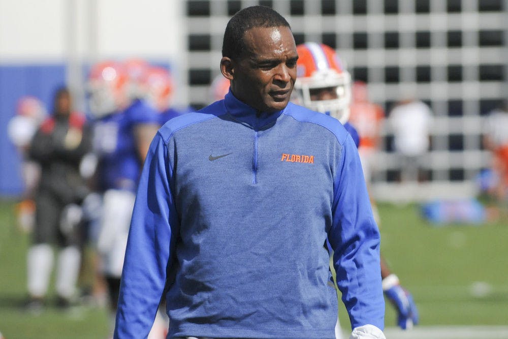 <p>UF linebackers coach Randy Shannon looks on during Spring practice at the Sanders Practice Fields on March 16, 2016.&nbsp;</p>