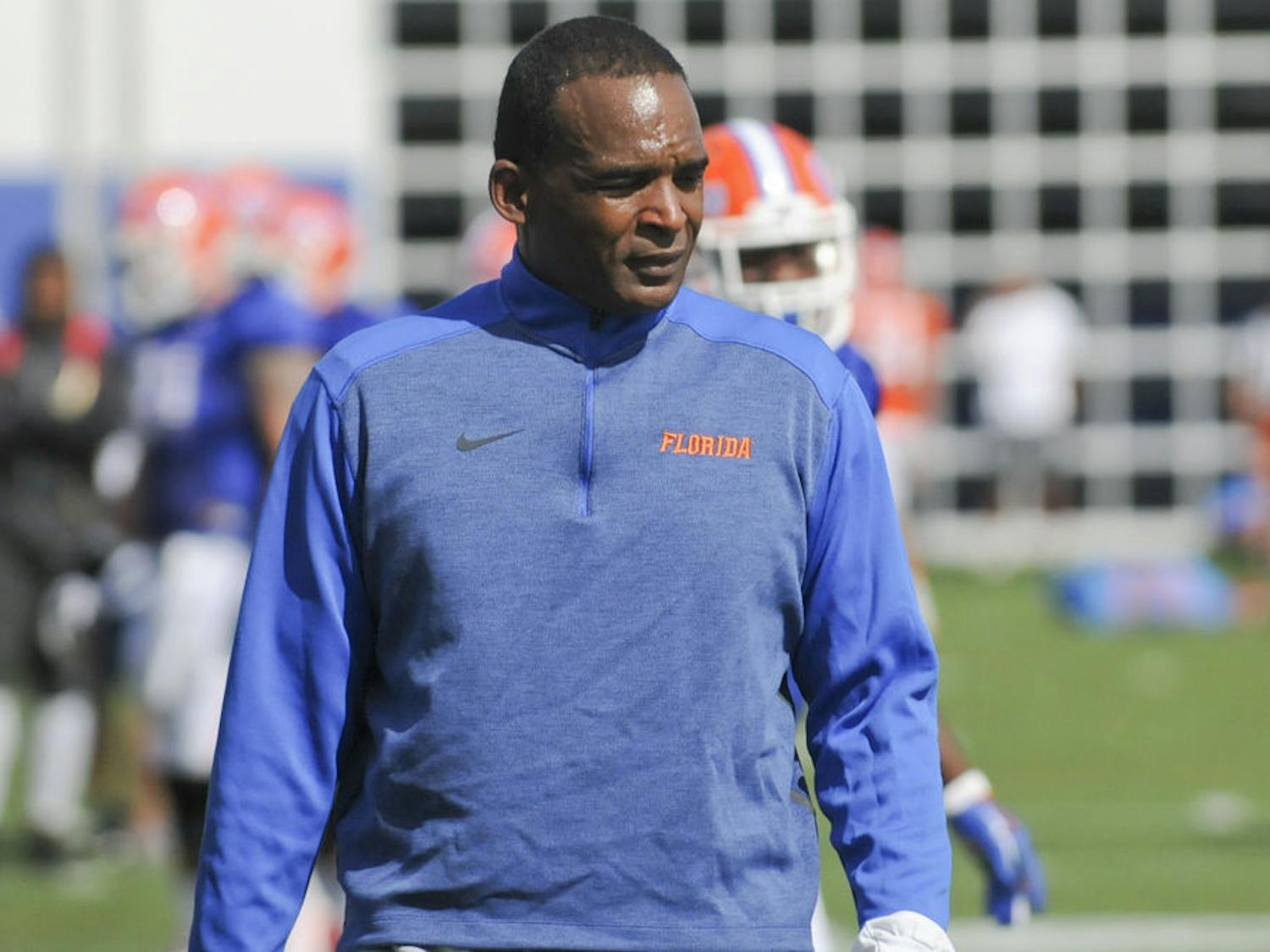 UF linebackers coach Randy Shannon looks on during Spring practice at the Sanders Practice Fields on March 16, 2016.&nbsp;