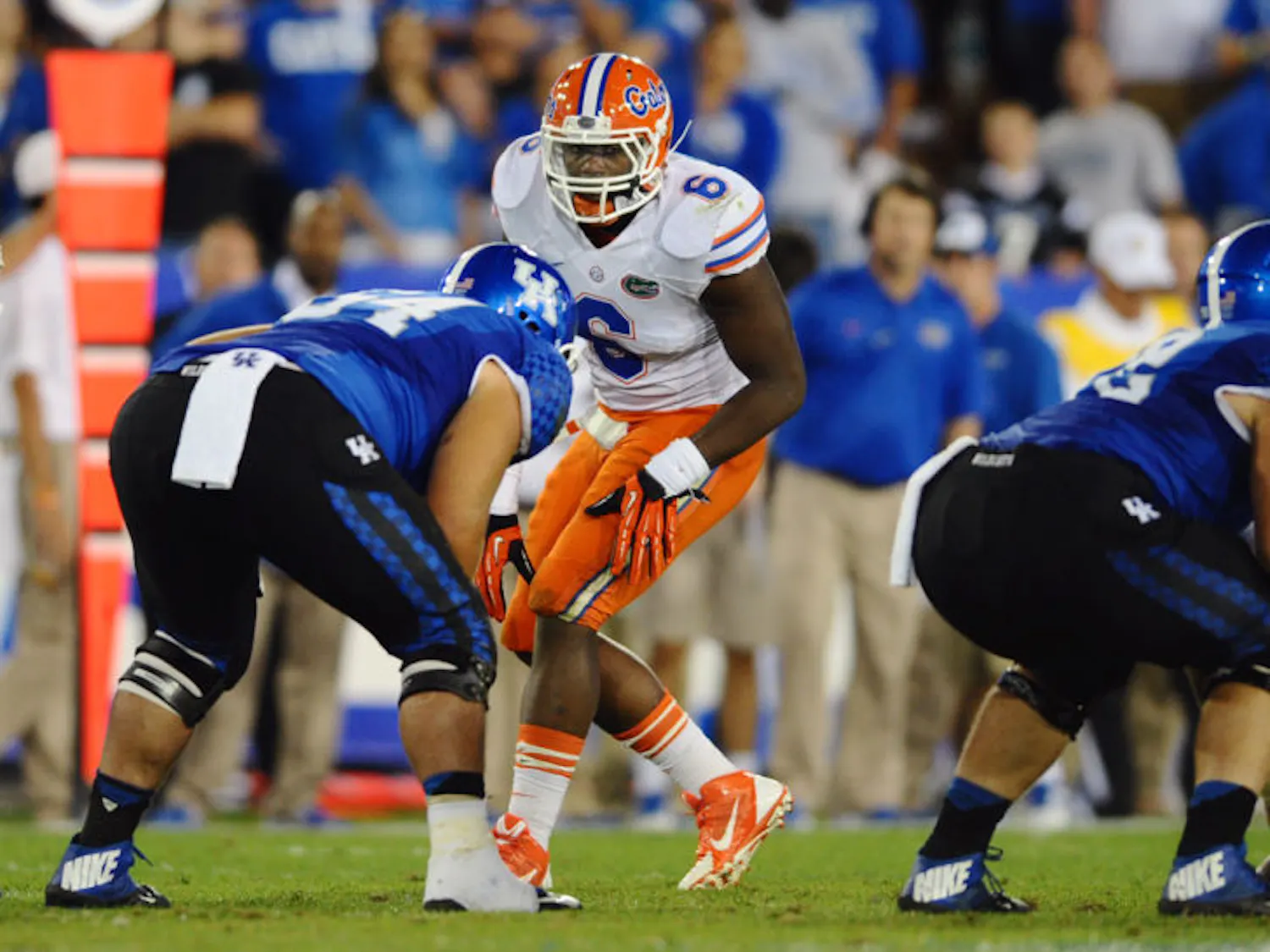 Dante Fowler Jr. awaits a snap by the Wildcats. The sophomore Buck linebacker collected two of Florida’s five sacks while limiting Kentucky to 173 yards of offense.