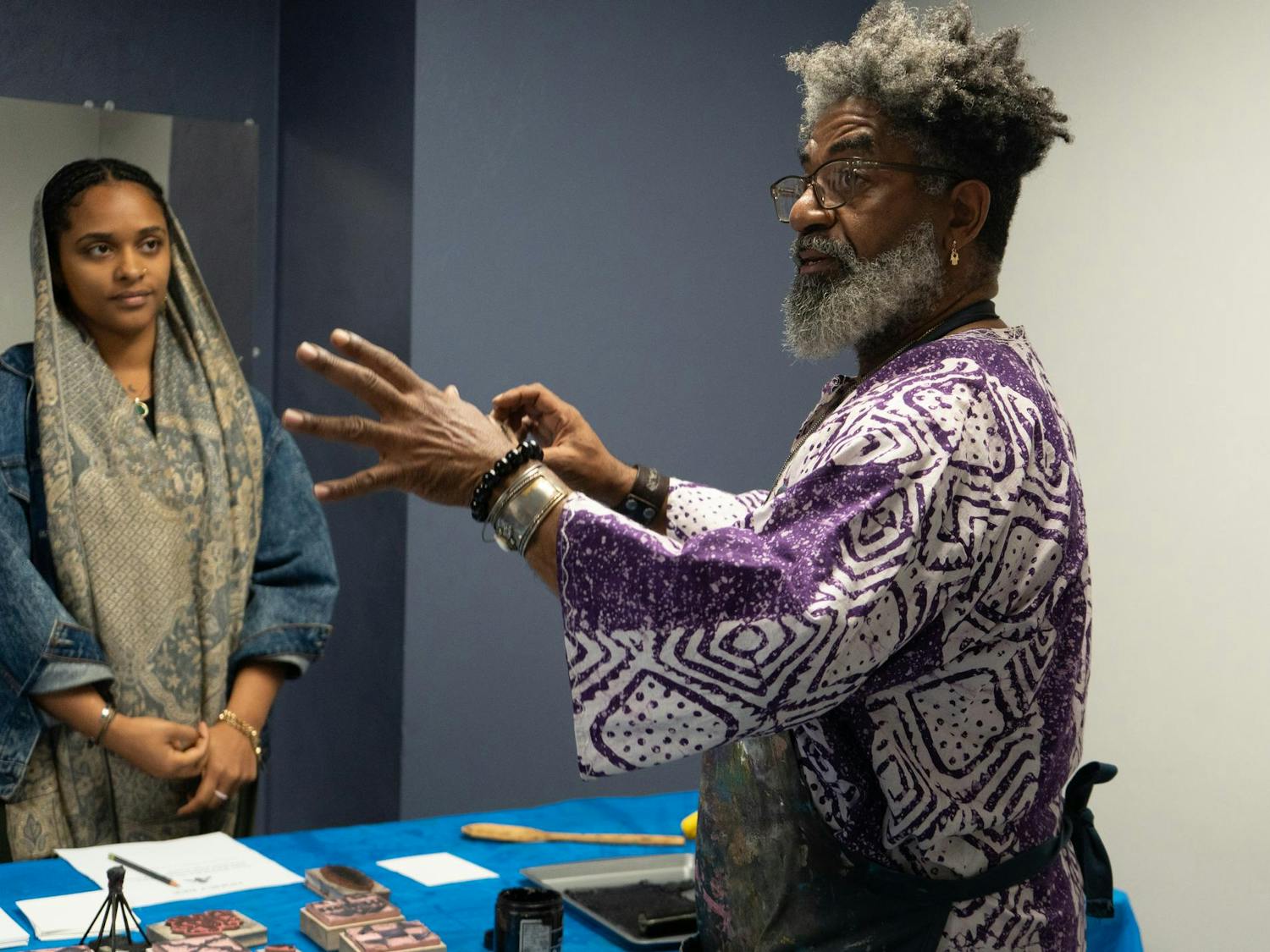 Turbado Marabou leads a print making workship at the Oakview Community Center for the Celebration of Black Love, Art, and Poetry event, Saturday, Feb. 7, 2026.
